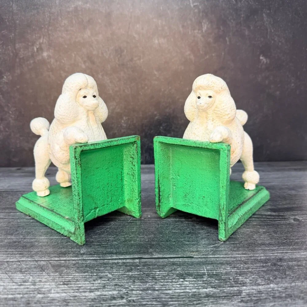 Cast Iron White Poodle Dog Bookends Pair Vintage Style Midcentury MCM Heavy